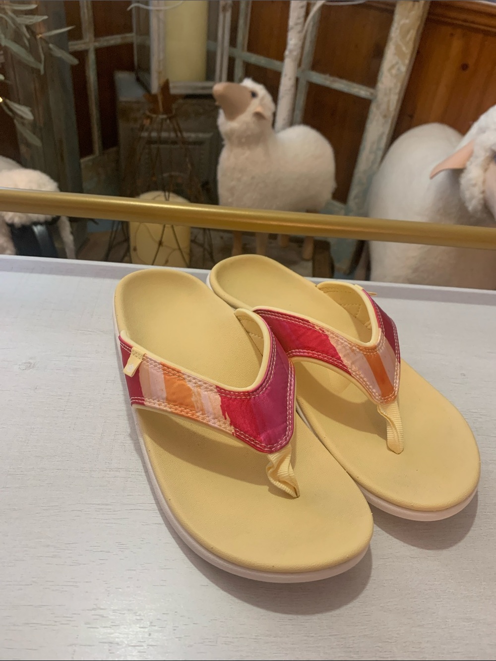 Women's Yellow Flip-Flop Sandals with Pink-Orange Accent
